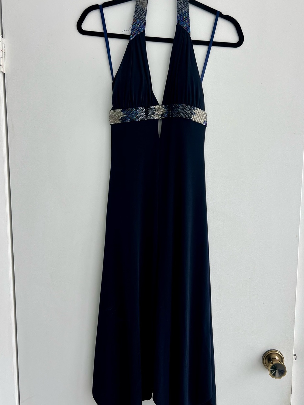 Caché Navy V-Neck Halter Evening Dress with Metallic Beaded Trim